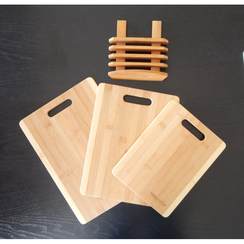 Timber Valley Natural Bamboo 3-Piece Cutting Board Set with Stand