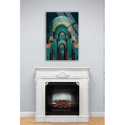 Art mural Art déco en verre trempé, arches géométriques or vert émeraude, décoration de style Gatsby, panneau d'impression en verre abstrait bleu sarcelle de luxe
