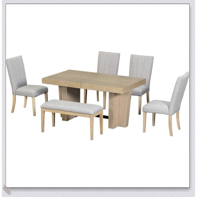 Farmhouse Extendable Wood Dining Table Set with Bench and 4 Upholstered Chairs, 3.8inch Thick Tabletop, Trestle Legs for Kitchen and Dining Room
