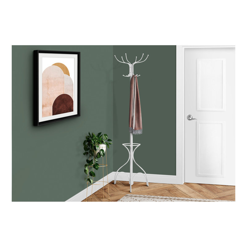 Coat Rack, Hall Tree, Free Standing, 12 Hooks, Entryway, 70"H, Umbrella Holder, Bedroom, White Metal, Contemporary, Modern