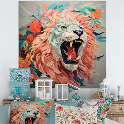 Rose et gris lion rugissant - décoration murale animal lion