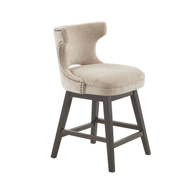 Tabouret de comptoir - Revêtement beige, bois café foncé, bois pivotant
