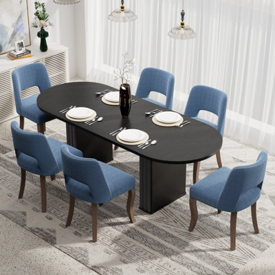 Ensemble de table de salle à manger extensible ovale avec chaises en tissu 6/8, base de table en bois noir pour la cuisine et la salle à manger