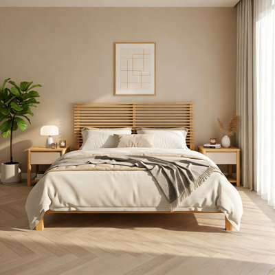 Structure de lit plateforme en bois massif de qualité supérieure avec tête de lit à lattes horizontale de qualité supérieure, mobilier de chambre moderne en bois naturel, capacité de poids de 600 lb, aucun sommier requis, convient à tous les matelas
