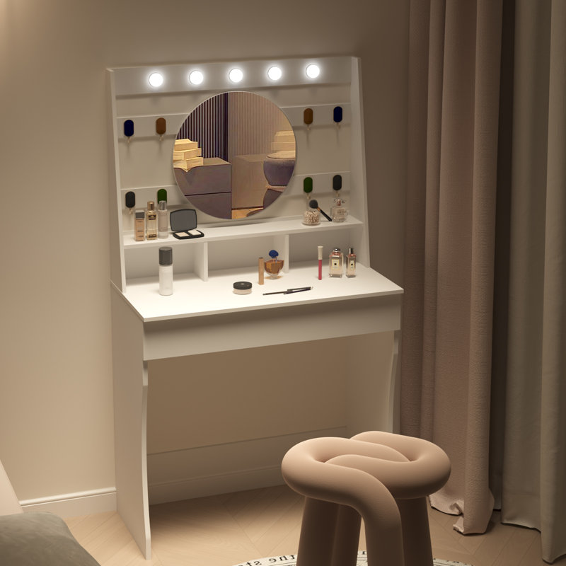 Tamme Dressing Table with Lighted Round Mirror and Storage, White