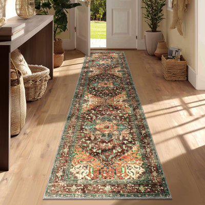 Washable Runner Rug, 2x8 Non-Slip Boho Vintage Hallway Rug Runner with Rubber Backing, Stain Resistant & Low Pile Faux Wool Distressed Carpet Runner for Bedroom, Kitchen, Laundry, Entrance