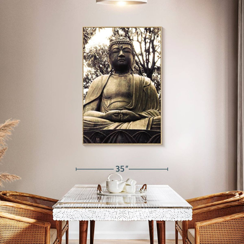 Statue de Bouddha japonais I, Cadre flottant en bois naturel, 31 po x 46 po