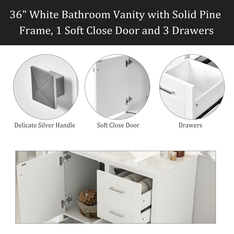 Meuble-lavabo moderne 36 po avec cadre en pin massif, 1 porte à fermeture douce et 3 tiroirs, armoire de rangement moderne