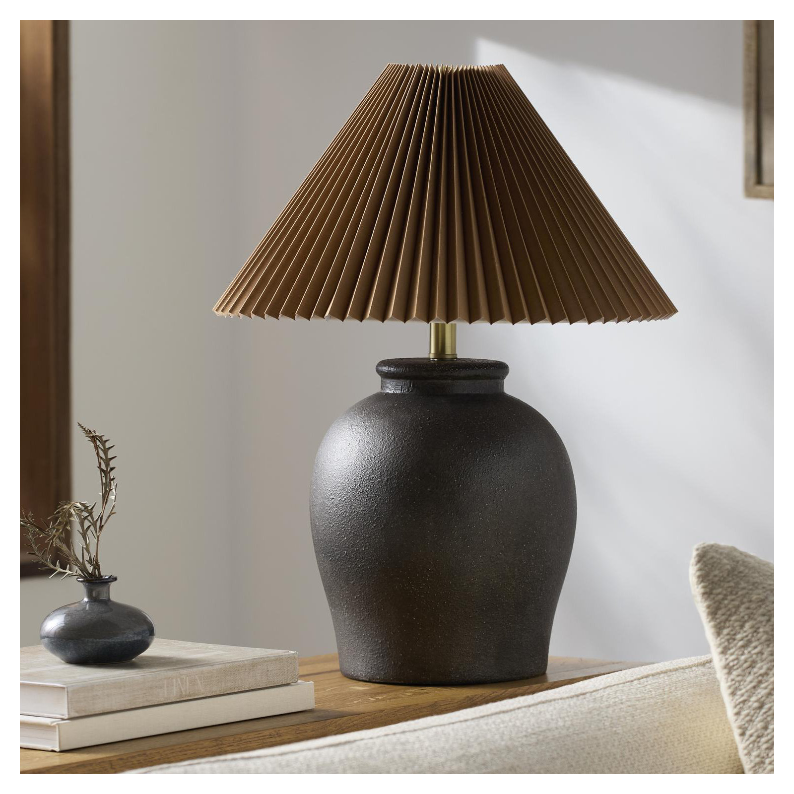 Chemise 22" Ceramic Table Lamp, Black, Brown Pleated