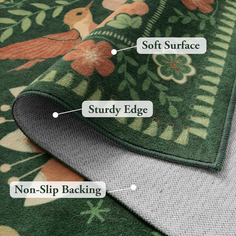Goldene Boho Washable Botanical Dark Green Area Rugs for Living Room, Low-Pile Floral Rug with Non Slip Backing For Bedroom Dining Room