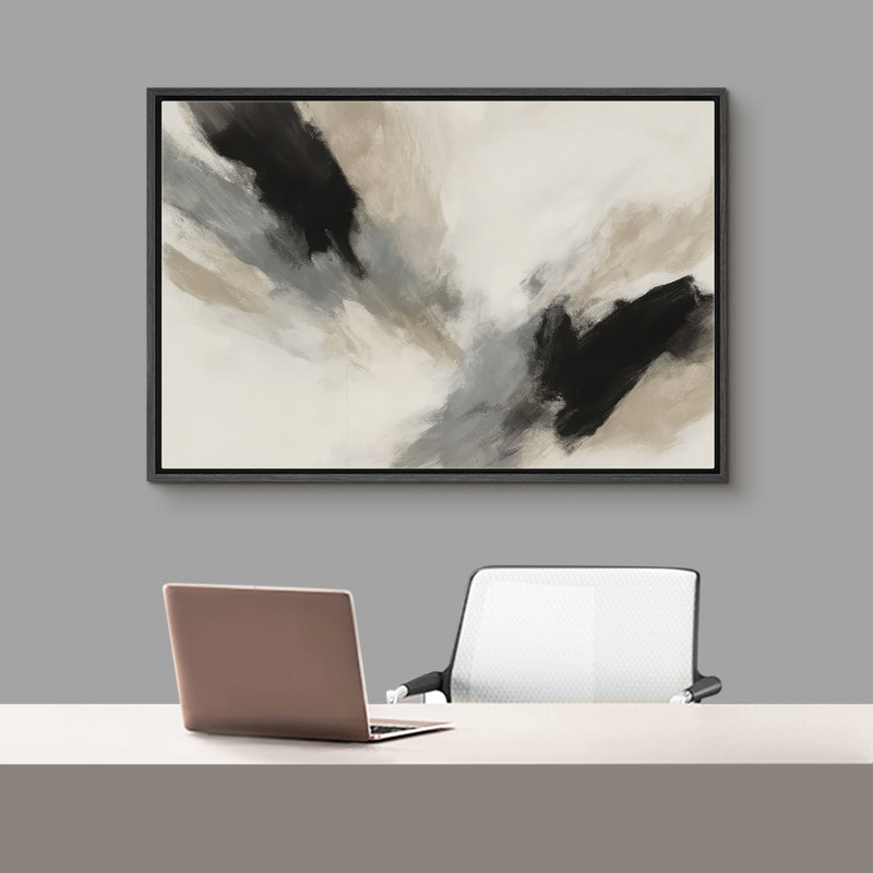 Black and Neutral Abstract with Soft Motion Effect - Pictures Framed Canvas Print Wall Art, Black Frame