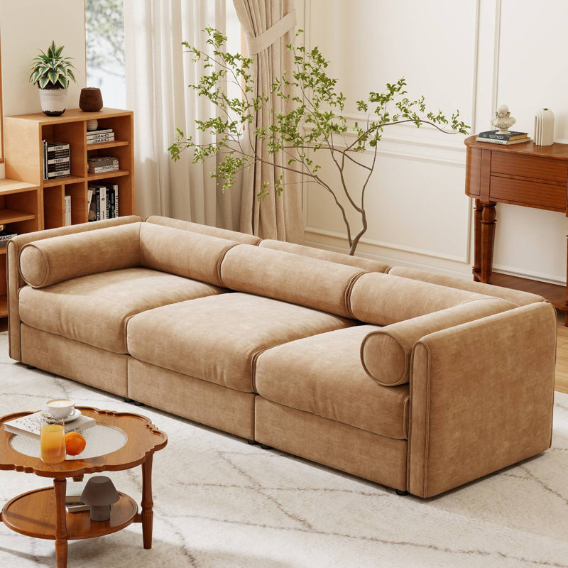 109" Upholstered Modular Sofa With Storage Seats, Camel
