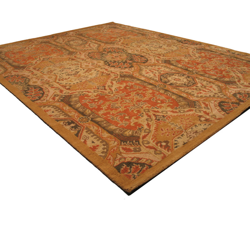 Tapis oriental doré / orange en laine touffeté à la main, Rectangle 9 pi 6 po x 13 pi 6 po