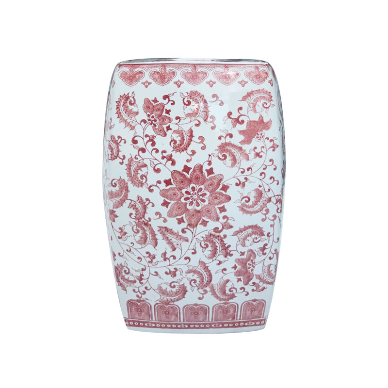 Floral patterned square ceramic stool, Pink