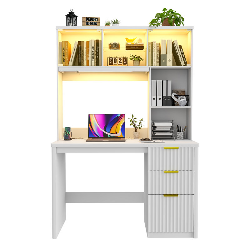 Modern Computer Desk With Pull-out Desk Lamp And Smart Led Lighting, White