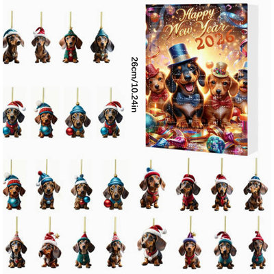 2D Advent Calendar Ornament With Sausage Dog Pet Design24-Day Countdown Pendant For Christmas 2026 Christmas Tree Hanging Decorations