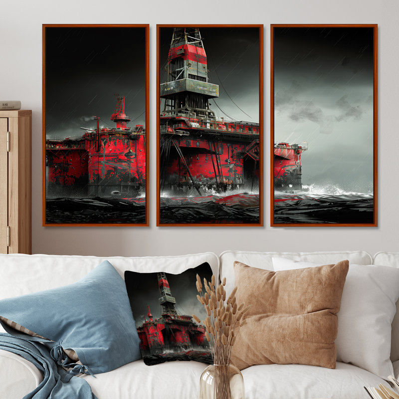 Ensemble d'art mural Shearer - Oil Rigs / Fields, Toile avec cadre flottant brun, H 40 po x l 60 po x P 1 po