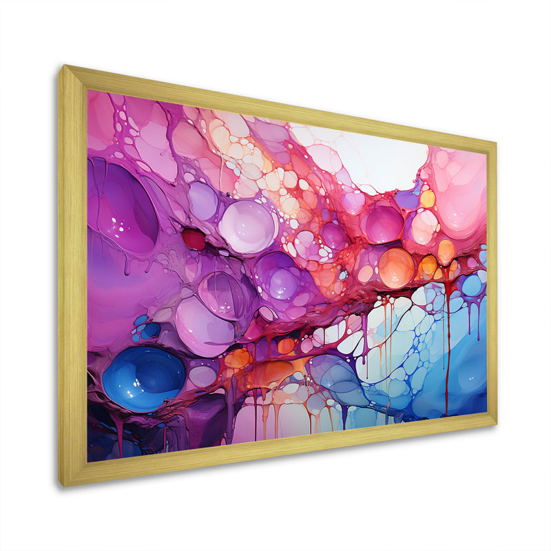 Symphonie mauve et bleue goutte à goutte - décoration murale goutte à goutte, Cadre doré simple, H 24 po x l 32 po x P 1 po