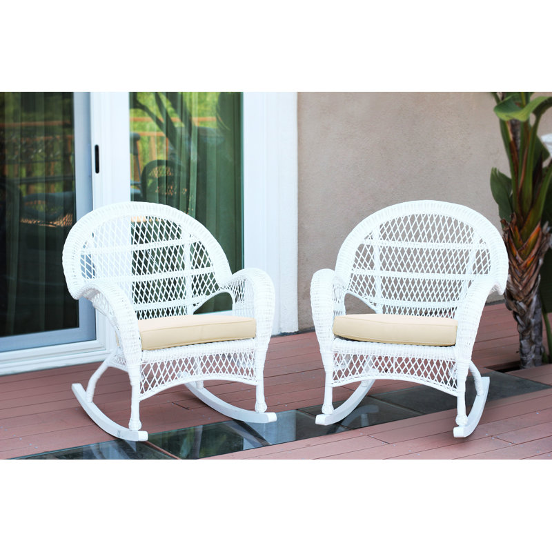 Chaise berçante en osier avec coussins Berchmans, Blanc, Ivoire