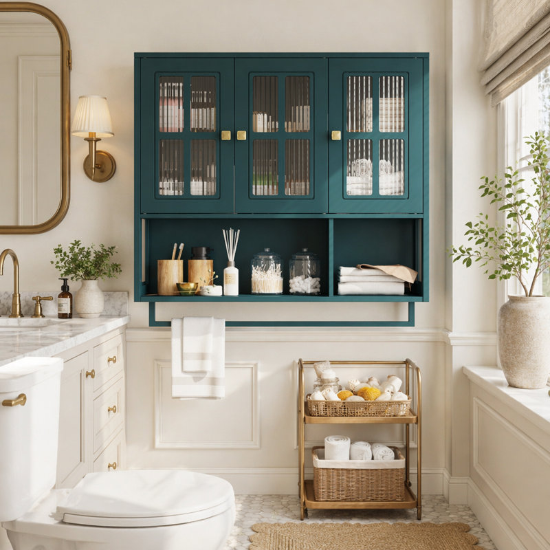 Armoire murale en bois vert foncé à 3 portes avec rangement ouvert et caché, porte en verre et barre à serviettes pour un usage domestique polyvalent
