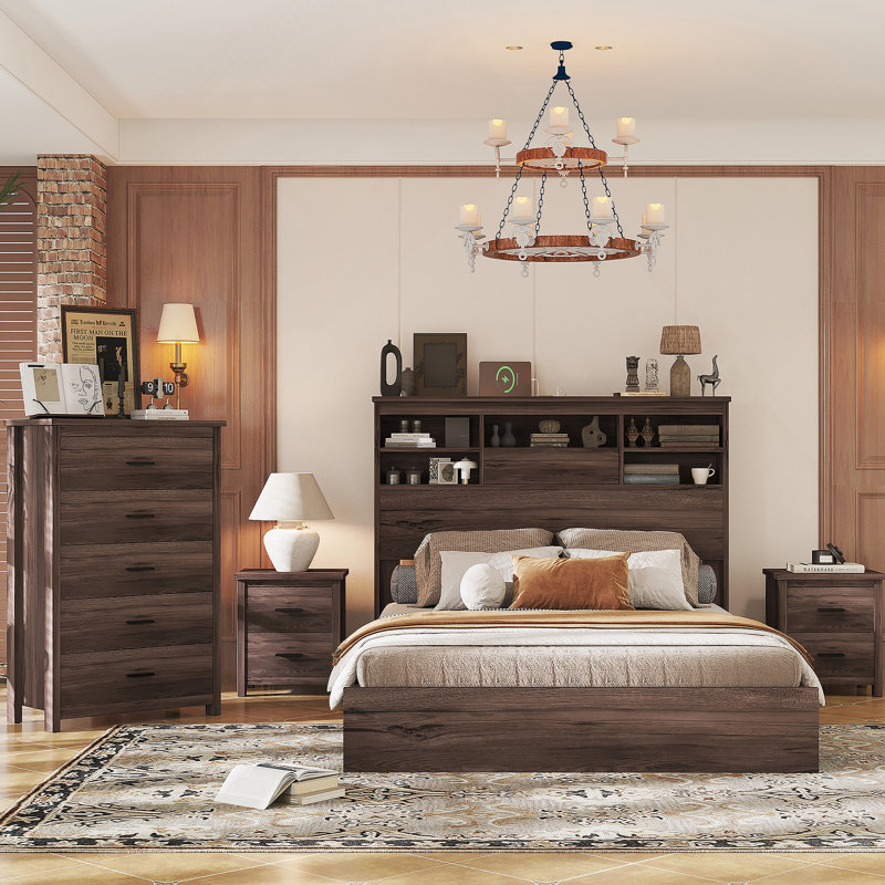 Ensemble de chambre à coucher 4 pièces avec grand lit en bois rétro avec 2 tables de chevet et 1 commode, noyer foncé
