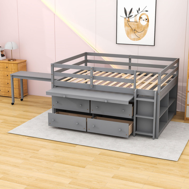Lit mezzanine bas avec bureau rétractable et tiroirs, tablettes, Double, Gris