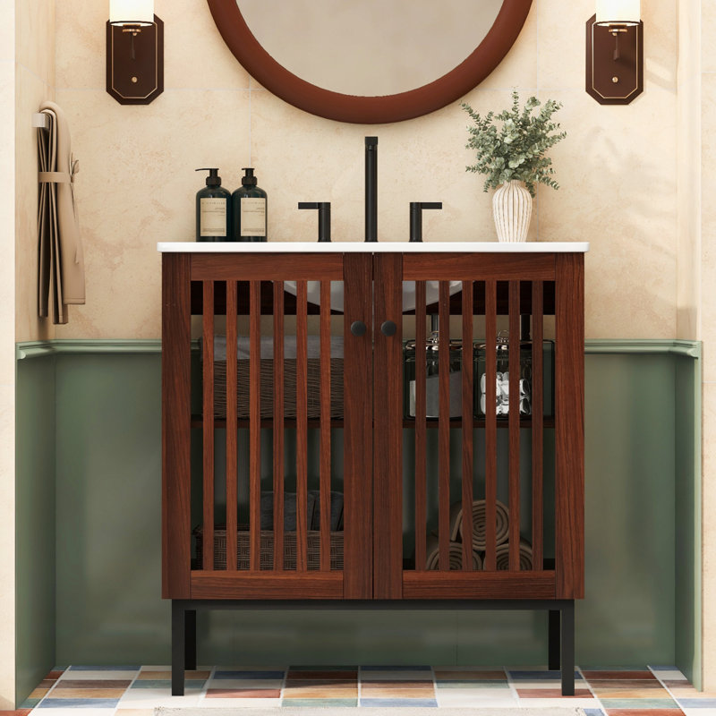 Meuble-lavabo de salle de bain rétro 30 po avec lavabo en céramique, meuble-lavabo moderne avec 2 portes à fermeture en douceur (conception de clôture) et grand espace de rangement, équipé de 4 pieds en fer robustes