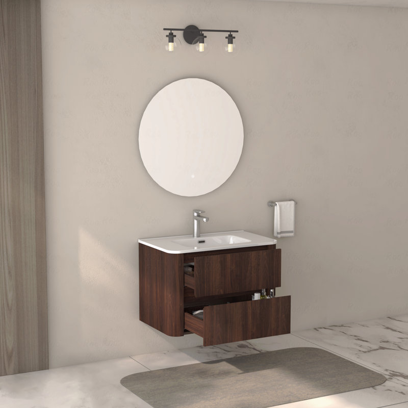 Meuble-lavabo mural 30 po avec lavabo flottant à deux tiroirs en noyer foncé avec lavabo intégré en céramique 30 po