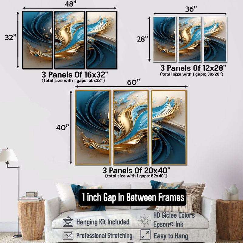 «Blossoming Tide Turquoise Bliss - Waves», ensemble de reproduction d'art mural, Cadre flottant doré
