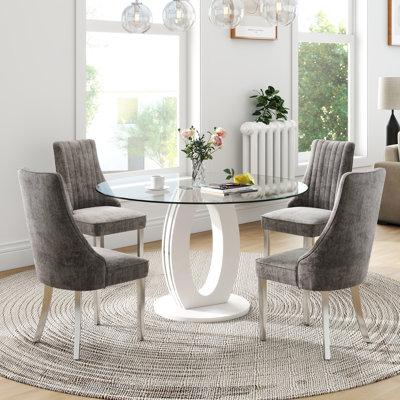 Ensemble de salle à manger moderne à piédestal rond en verre trempé avec fauteuil revêtu de chenille