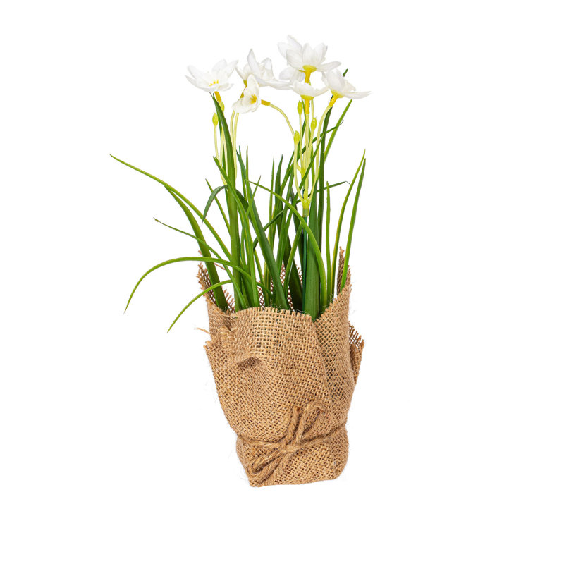 10'' Yellow and White Artificial Daffodil Burlap Potted Arrangement