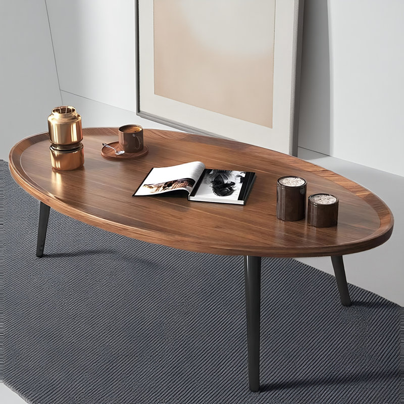 Table basse ovale, avec placage en noyer et pieds en métal, surface imperméable et résistante aux rayures, style Mid-Century moderne