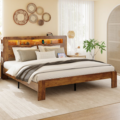 Farmhouse Wooden Bed Frame with Storage Headboard, Platform Bed with Charging Station & LED Light