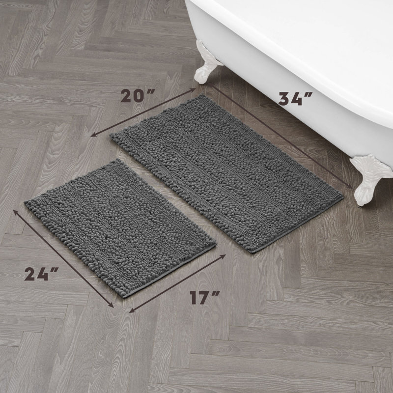 Dark Gray Chenille Non-Slip Polyester Bath Mat Set