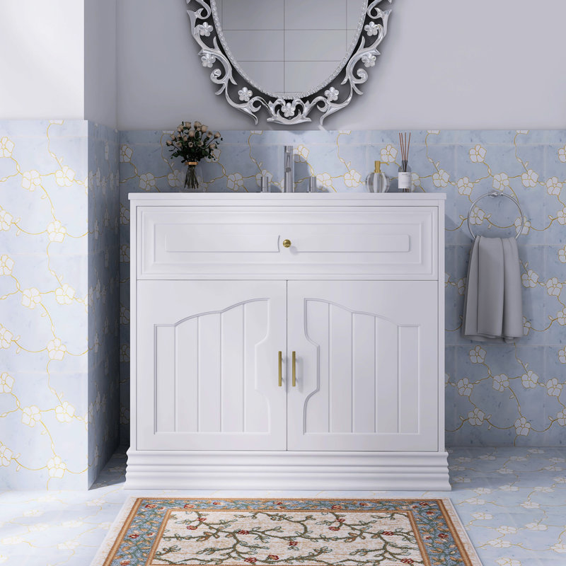 SOLID WOOD FRAME STORAGE BATHROOM VANITY WITH CERAMIC SINK, White