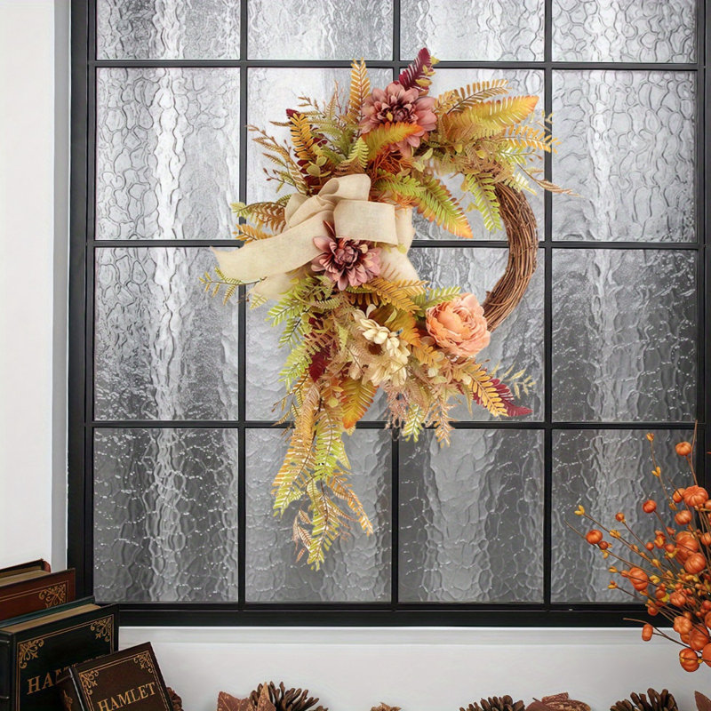 Artificial Fall Wreath 40cm Autumn Wreath for Front Door Thanksgiving Wreaths with Peonies