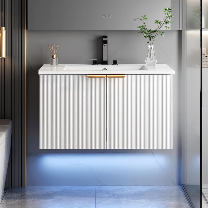 Meuble-lavabo mural 30 po avec lavabo et lumière DEL, Blanc