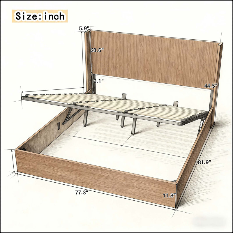 King Size wooden platform bed frame with lifting function