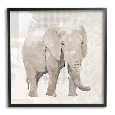 Stupell Industries Patterned Elephant Vintage Collage By Karen Smith - Floater Frame Graphic Art On Wood In Midnight Black Framed Giclee