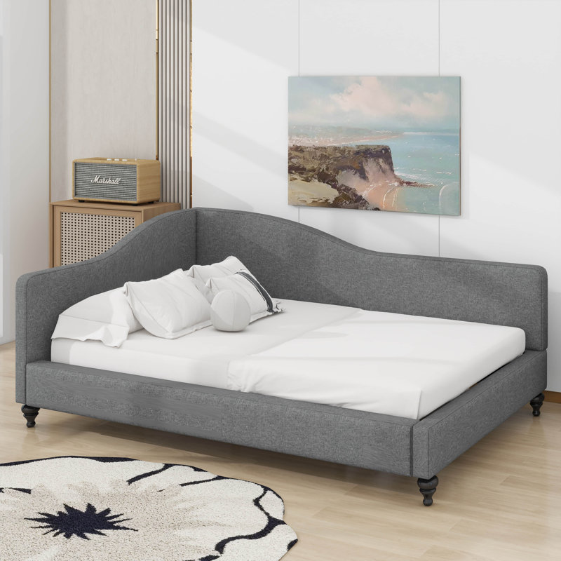 L-Shaped Linen Daybed, With Solid Wood Legs, Gray, Full/Double