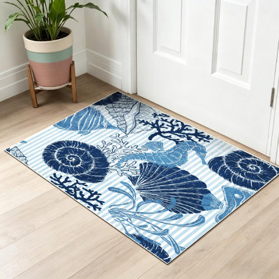 Blue Machine Washable,Sea Seashell Seahorse Coral Ocean Fun Graphic Abstract Indoor Area Rug