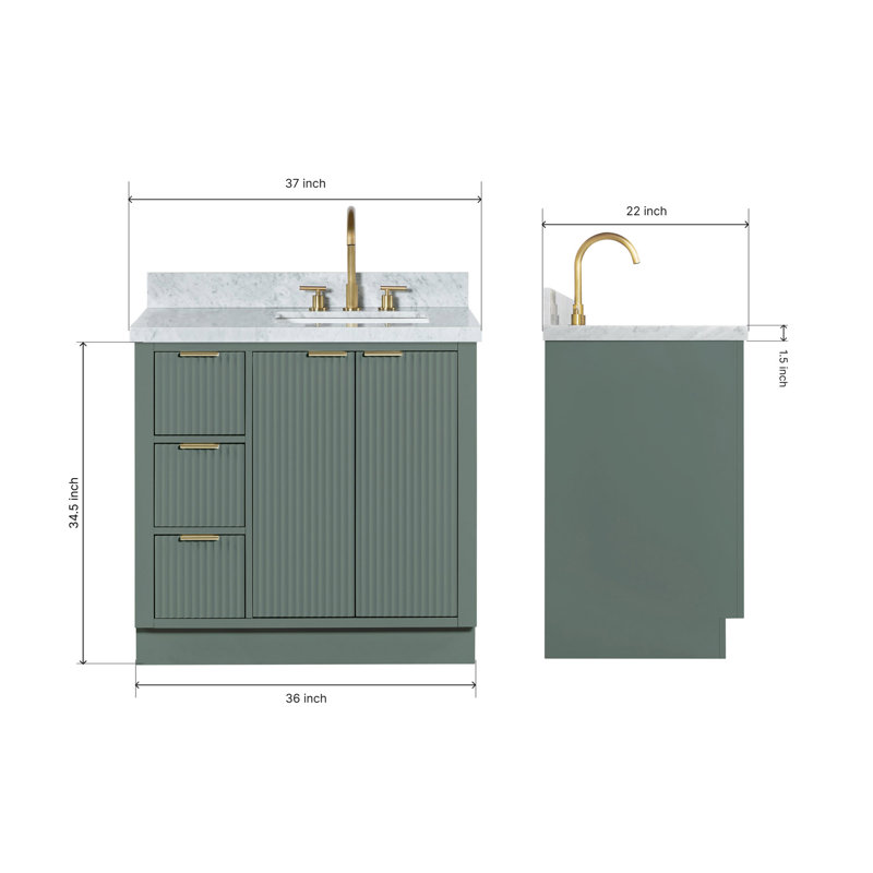 Meuble-lavabo simple en bois massif de 36 po avec plateau en marbre de Carrare de 1,5 po Haun, Oui, Rectangulaire, Vert rétro