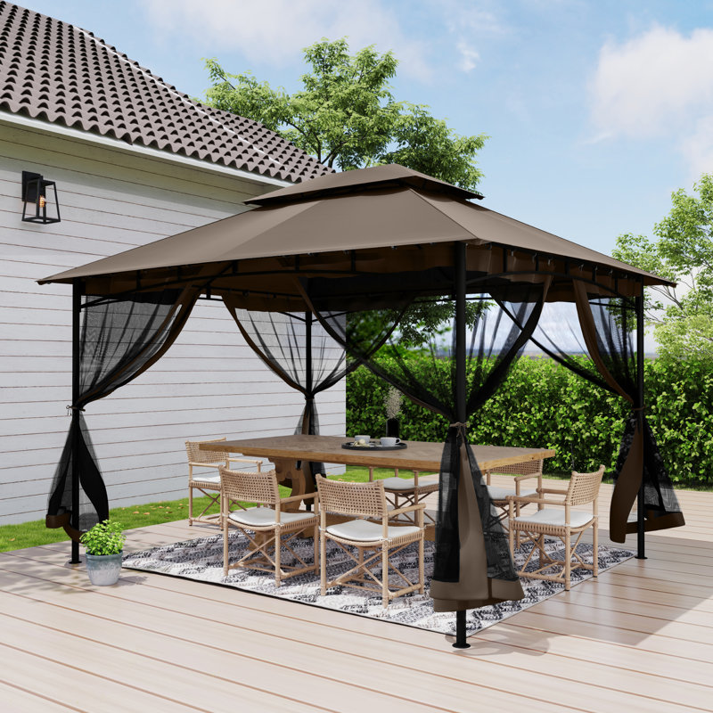 Double Roof Soft Top Metal Patio Gazebo With Netting, 112.6" H x 141.1" W x 117.5" D, Brown