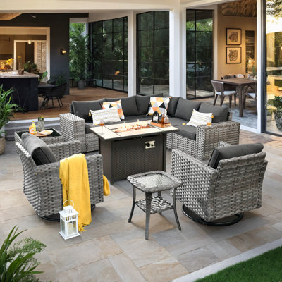 Baili 7 - Person Outdoor Wicker/Rattan Sectional Seating Group with Swivel Chairs, Modern Modular Conversation Set with Cushions