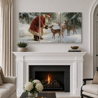 Père Noël et renne, art de Noël, photos de salon, impression sur toile encadrée, 3 pièces, 16 po x 24 po x 3 pièces, 24 po x 36 po x 3 pièces