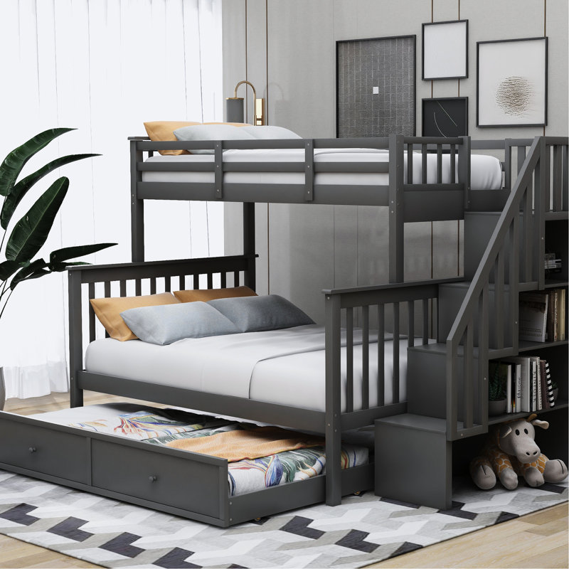 Lit superposé gris avec lit simple superposé, gigogne et rangement pratique, espace fonctionnel, Gris