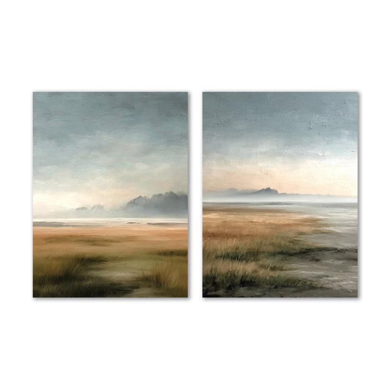 Vert et gris, pluie côtière après-midi - océan, ensemble de 2 reproductions d'art mural en métal, 32" H x 48" W