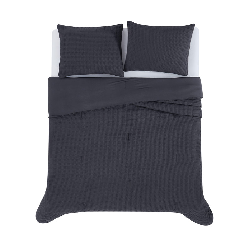 Textured Waffle Weave Comforter Set, Queen Comforter +2 Standard Shams, Charcoal Gray