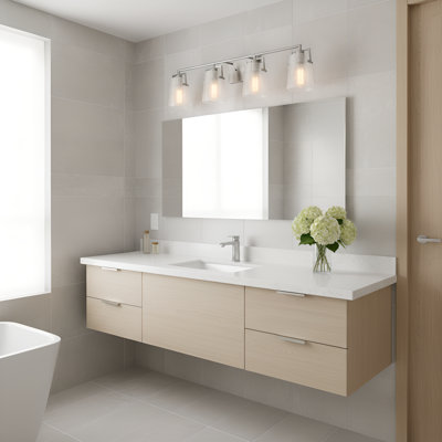 Applique murale de salle de bain 4 lumières Crofton au fini nickel brossé avec abat-jour en verre transparent craquelé
