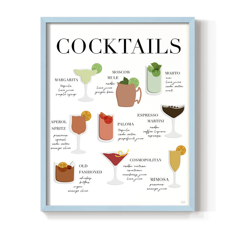 Cocktail Chart Framed Print - Solid Wood, Blue, 11" H x 9" W